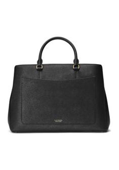 Whether you wear it to work or while running errands, the large Hanna satchel features a sleek, spacious silhouette with a myriad of pockets for storing your necessities. Punctuated with a polished LRL logo, this style is rendered in crosshatch leather for subtle texture and a sophisticated sensibility. Two top handles, each with a 4.5" drop Removable, adjustable crossbody strap with a 16.75" maximum drop length Polished "LRL" metal logo at the front Exterior slip pocket Zip pocket and a slip po Classic Satchel With Removable Pouch For Work, Classic Workwear Satchel With Removable Pouch, Black Satchel For Work, Sleek Black Satchel For Work, Black Tote Satchel With Rolled Handles, Ralph Lauren Leather Satchel Bag, Luxury Leather Ralph Lauren Satchel, Elegant Black Ralph Lauren Bags, Black Leather-handled Satchel Tote