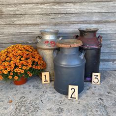 an arrangement of vases and numbers on the ground with flowers in front of them