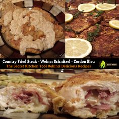 a collage of photos showing different types of food and the words country fried steak - weiner schnitze - conn - corn bleu