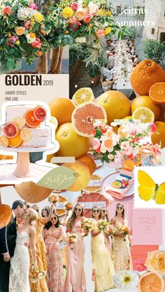 a collage of oranges, lemons, and other things that are on display