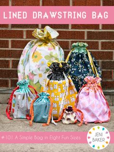 Lined Drawstring Bag Downloadable Pattern by Jeni Baker Lined Drawstring Bag Tutorial, Drawstring Bag Tutorial, Lined Drawstring Bag, Drawstring Bag Tutorials, Drawstring Bag Pattern, Pink Chalk, Sewing Things, Sew Ins, Bag Tutorial