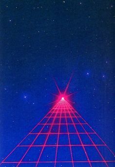 an image of a very tall building with red lines on the side and stars in the sky