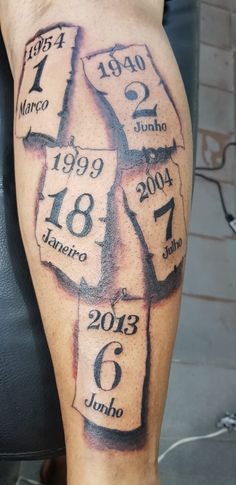 a man's leg with some sort of tattoos on his legs and numbers in them