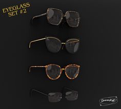 three pairs of eyeglasses sitting next to each other on a black background with the words eyeglass set 2