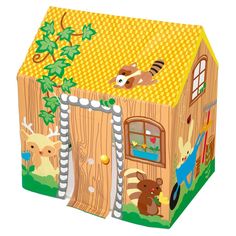 a wooden toy house with animals on it