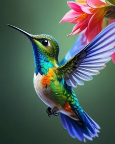 a colorful hummingbird flying next to a pink flower