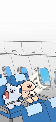 an airplane seat with two stuffed animals on it