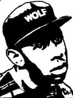 a black and white drawing of a man wearing a hat with the word wolf on it