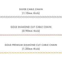 the width and length of a diamond cut cable chain, with measurements for each piece