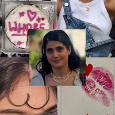 a collage of photos with lipstick, hair and other things in the background that are being viewed