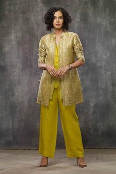 Shop for Bodhi Tree Yellow Brocade Silk Woven Jacket Pant Set for Women Online at Aza Fashions Brocade Outfits, Brocade Blazer, Brocade Suits, 2024 Party, Basic Dress Pattern, Indian Bridesmaid Dresses, Banarasi Brocade, Western Clothes, Bodhi Tree