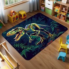 a child's room with toys and rugs featuring a dinosaur on the floor