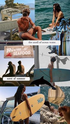 the collage shows people and surfboards in different scenes