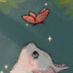 a painting of a dog with a butterfly on it's head and stars in the background