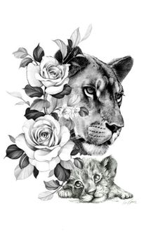 a black and white drawing of a cat with roses on it's head next to a