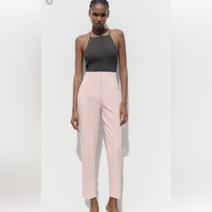 Zara New With Tags Light Pink Pants High Waisted Full Length Soooo Cute Just A Bit Tight On Me:((( Chic Fitted Ankle-length Pantsuit, Chic Fitted Pantsuit With Straight Pants, Chic Stretch Trousers Pantsuit, Chic Stretch Pants With Tapered Leg, Chic Stretch Tapered Leg Pants, Stretch Straight Leg Pantsuit For Spring, Spring Stretch Straight Leg Pantsuit, Fitted Spring Pantsuit With Tapered Leg, Fitted Tapered Leg Pantsuit For Spring