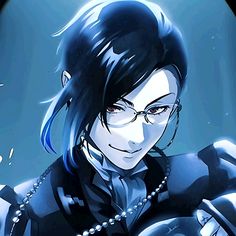 an anime character with black hair and glasses wearing a chain around his neck looking at the camera