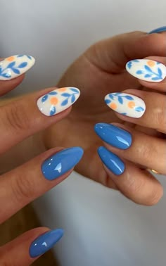 Fun Oval Nails, Summer Blue Nails Design, Summer Nail Designs 2024 Almond, Cute Blue French Tip Nails, Trendy Summer Nails French Tip, Summer Nail 2024 Trends Almond, Fun Summer Nails 2024, Bright Color Nail Designs, Pink Summer Gel Nails