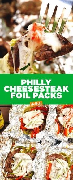 the cover of philly cheesesteak foil packs is being held by a fork