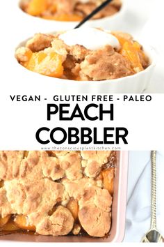 peach cobbler is an easy dessert made with fresh peaches and topped with vanilla ice cream