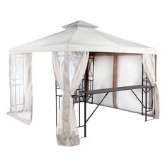 a white gazebo with sheer curtains on the top and side walls, set against a white background