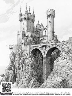 a black and white drawing of a castle on a hill with a bridge over it