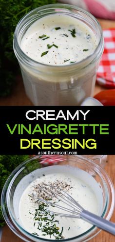 creamy vinaigrette dressing in a jar with a whisk