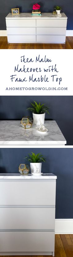 the top and bottom side of a white dresser with plants on it, in front of a blue wall