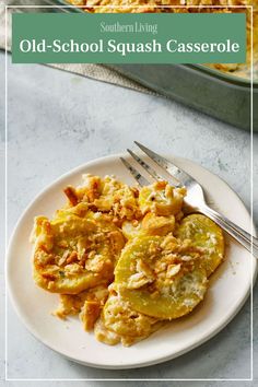 an old - school squash casserole is served on a plate with a fork