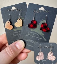 These little heart earrings are light and dainty, but oh so cute!  Your choice of buffalo plaid acrylic, pink marbled acrylic, or cherry finished wood.  Cut from acrylic or wood/ply depending on your selection. Very lightweight  Stainless Steel ear wires   Placement of the acrylic design or wood grain will vary from earring to earring.  *check out my shop for more earrings and other handmade items and gifts* Wiredbyjenniferlynn.Etsy.Com  *visit me on Facebook! Message me for discounts, like my p Cute Heart-shaped Everyday Earrings, Cute Heart-shaped Earrings For Everyday Wear, Cute Everyday Heart-shaped Earrings, Cricut Leather, Diy Gifts To Sell, Leather Jewelry Diy, Ghost Earrings, Pink Accessories, Wood Cut