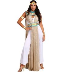 Stylishly rule over Egypt and Halloween with one convenient and classy costume. The Women's Pantsuit Cleopatra Costume is a gorgeous Egyptian themed costume for ladies. It comes with a jumpsuit with attached collar and cape, an accenting belt, a pair of arm bands and wrist cuffs, as well as a coordinating headband! Cleopatra Outfit, Egyptian Goddess Costume, Pantsuit For Women, Cleopatra Halloween Costume, Cleopatra Dress, Cleopatra Halloween, Queen Cleopatra, Goddess Costume, Egyptian Queen