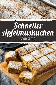 a wooden cutting board topped with brownies covered in powdered sugar and text overlay reads schneller affumuskuchen