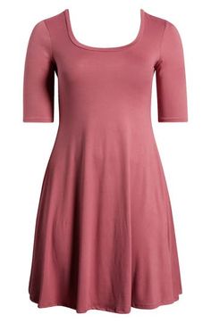 This easy-as-a-tee dress is cut with a scoop neckline from a comfy satiny jersey that adds an overall softness to the style. 41" length Slips on over head Scoop neck Elbow-length sleeves Unlined 92% polyester, 8% spandex Machine wash, tumble dry Imported Pink Stretch Crew Neck Dress, Pink Stretch Dress With Crew Neck, Casual Solid Color Scoop Neck Dress, Casual Pink Scoop Neck Dress, Pink Stretch Scoop Neck Dress, Elbow Length Sleeve, Nordstrom Store, Tee Dress, Nordstrom Dresses