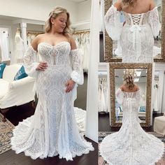 a woman in a white wedding dress is looking at herself in the mirror and she has her hands on her hips