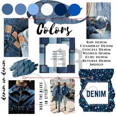 the denim color scheme is blue and has different patterns, colors, and shapes to match