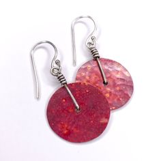 "Hammered copper earrings with sterling wire wraps and earwires. The color on the copper is due to the Flame-patina, which is a spontaneous process and allows for an array of red/orange colors patterns, no two are exactly alike. This rich red goes so well dark hair. 1\" diameter Sterling silver ear wires" Hammered Copper Earrings, Disk Earrings, Disc Style, Burlington Vt, Red Orange Color, Small Jewelry Box, Find Objects, Disc Earrings, Hammered Copper