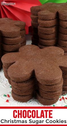 chocolate christmas sugar cookies are stacked on top of each other