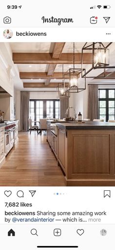 an instagram photo of a kitchen and dining room with wood flooring on the walls