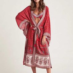 Women's Kimono | Eiyo Kimono Summer Dresses Beach, Boho Wrap Dress, Crimson Skies, Arnhem Clothing, Bohemian Fabric, Floral Print Dress Summer, Bohemian Kimono, Dresses Beach, Red Floral Print