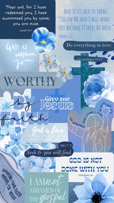 a collage with blue flowers and bible verses