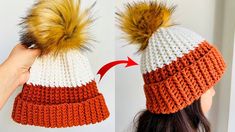 two photos showing how to crochet a hat with pom - poms