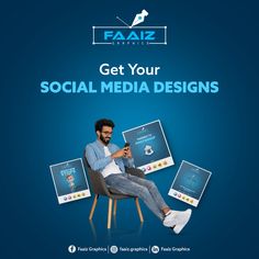 a man sitting in a chair with his feet up on the table while using social media designs