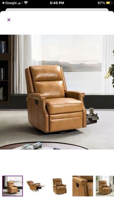 a brown recliner chair sitting on top of a table next to a book shelf