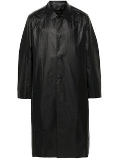 black faux leather classic collar long raglan sleeves two side inset pockets straight hem multiple internal slip pockets concealed front button fastening Post Archive Faction, City Shorts, Balenciaga Triple S, Dress Watch, Custom Watch, Coat Black, Short Suit, Summer Beach Wear, Mens Outerwear