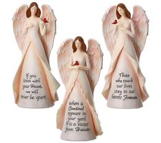 three ceramic angel figurines with poem written on the sides and one holding a rose