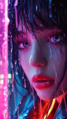 a close up of a person with water on their face and hair, in front of neon lights