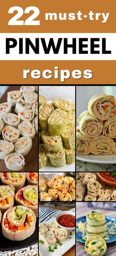 A collage of 22 different pinwheel recipes, showing a variety of colorful, bite-sized wraps filled with ingredients like chicken, cheese, veggies, and cream cheese, perfect for party snacks or lunch ideas.