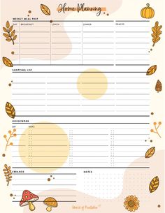 a printable recipe planner with autumn leaves and mushrooms on the side, in yellow