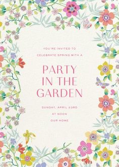 a party in the garden card with flowers and leaves