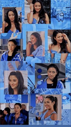 a collage of photos with the same woman in blue and white clothes on them